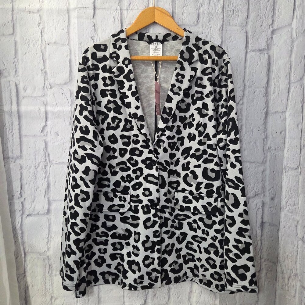 Serra Extra Large Gray Black Leopard Print Double Button Oversized Blazer Jacket